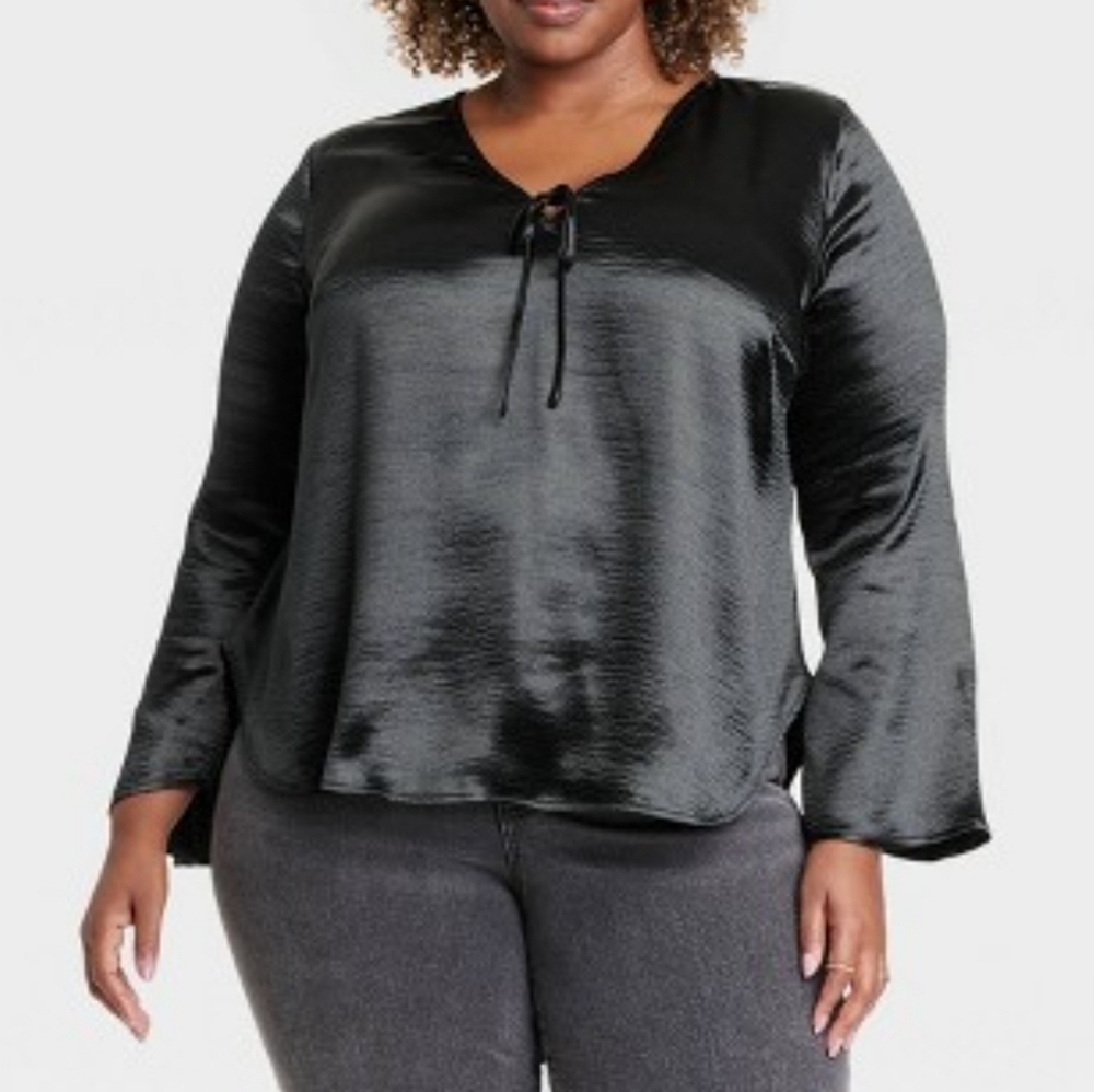 Womens Flared Long Sleeve Satin Blouse - Ava & Viv BLACK XXL